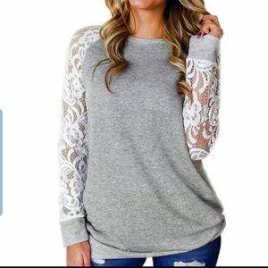Grey Baseball-Style Top with White Lace Sleeves